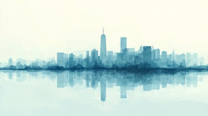 Naklejka premium Blue City Skyline Watercolor Painting