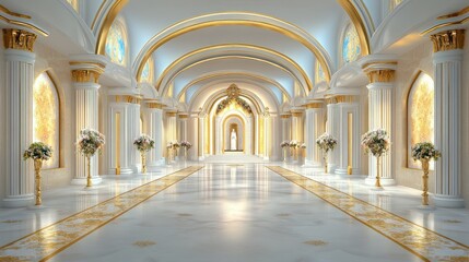 Fototapeta premium Grand Palace Hallway: Opulent Design, Golden Accents, and Marble Floors