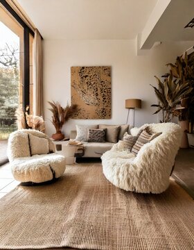 A modern living space featuring off-white boucle chairs and soft stone-inspired decor. 