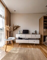 Fototapeta premium A modern minimalist room with a floating off-white media console and soft taupe furniture.