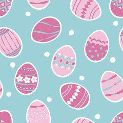 Square seamless vector background. Easter eggs. Patterns in pink, blue and white colors.