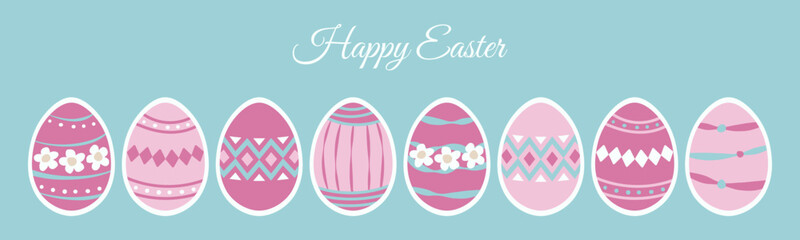 Happy Easter. Eggs colorfull illustration om blue background. Vector design elements in flat hand draw style. Religions Easter card.
