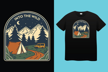 Set of Summer camp and hiking patches, badges. Vector. Concept for shirt or logo, print, stamp, patch or tee. Design with mountain, forest, hiking boots, rv trailer, camping tent, campfire.