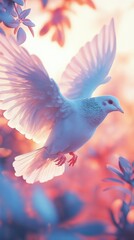 Obraz premium Serene white dove drifting peacefully through a cascade of cherry blossom petals in warm sunlight