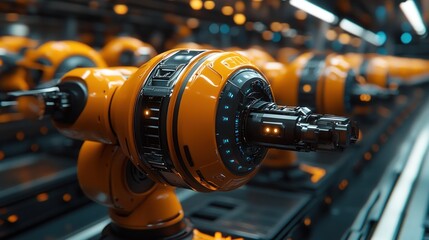Fototapeta premium Futuristic Orange Robotic Arm Assembly Line: Advanced Technology and Automation in Manufacturing