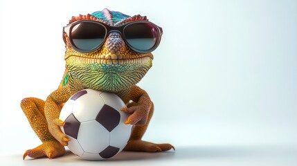 Lizard wearing sunglasses and holding a soccer ball. The lizard is smiling and he is enjoying the moment