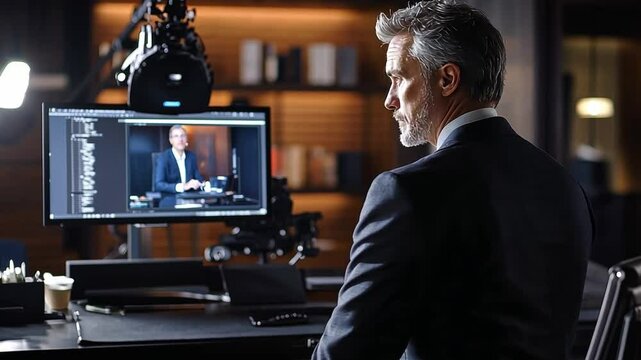 A man in a suit is sitting at a desk with two monitors in front of him