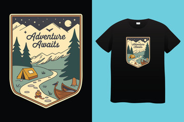 Set of Summer camp and hiking patches, badges. Vector. Concept for shirt or logo, print, stamp, patch or tee. Design with mountain, forest, hiking boots, rv trailer, camping tent, campfire.