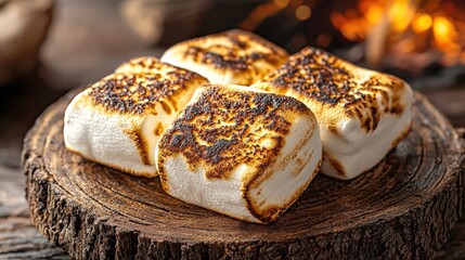 Toasted marshmallow stacked on a rustic log with a piece of bread and copy space for text or creative use