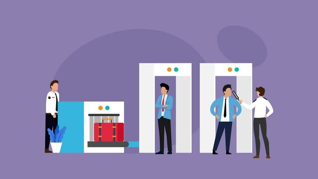 Airport Security Checkpoint with Screening and Baggage Scanning cartoon animation