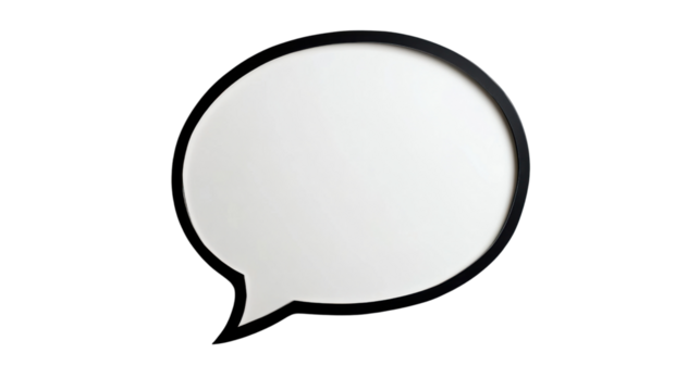 Blank white speech bubble with black border on transparent background