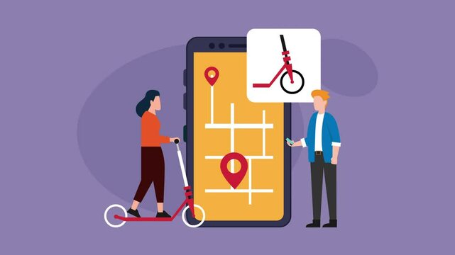 Electric Scooter Rental and Ride-Sharing App Navigation cartoon animation