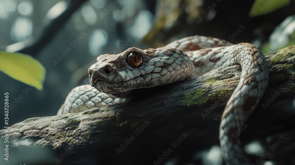 Poster a close-up view of a snake coiled around a tree branch