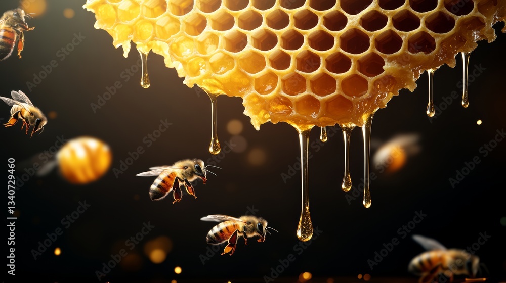 Poster group of bees are flying around a honeycomb. the honeycomb is dripping with honey, and the bees are 