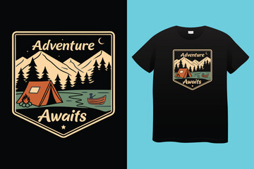 Set of Summer camp and hiking patches, badges. Vector. Concept for shirt or logo, print, stamp, patch or tee. Design with mountain, forest, hiking boots, rv trailer, camping tent, campfire.