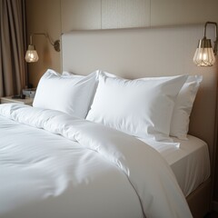  Fluffy White Pillows on Neatly Made Hotel Bed
