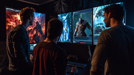 Fototapeta premium Creative collaboration among artists in a high-tech studio environment with multiple screens