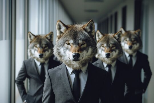 A pack of wolves in business attire, standing in an office corridor. 