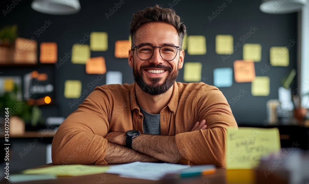 Poster man with glasses is smiling and sitting at a desk with a lot of sticky notes on the wall