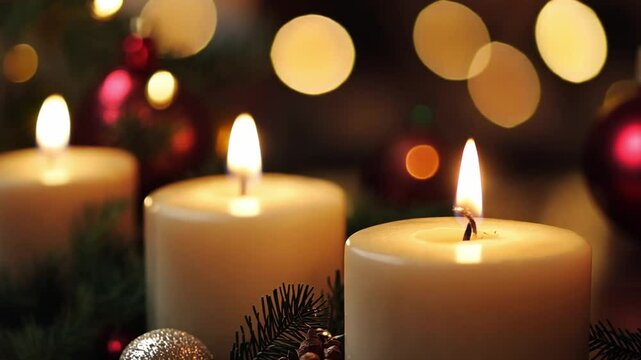 Three candles are lit and placed on a table