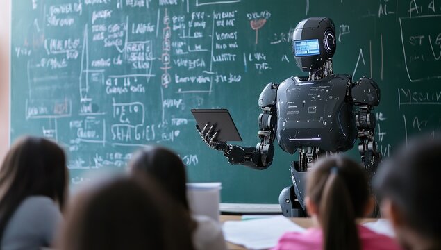 Photo of AI Robot Teaching Students in English Class, Displaying Screen Content on Blackboard, Web Banner with Copy Space on the Right