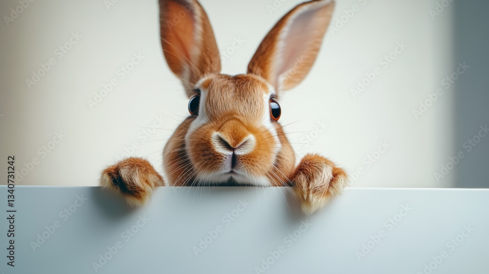 Poster rabbit is looking at the camera with its nose on a white board. the rabbit is curious and interested
