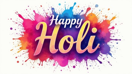 "Happy Holi" in vibrant calligraphy, surrounded by colorful powder splashes, festive and joyful mood, bright watercolor background 