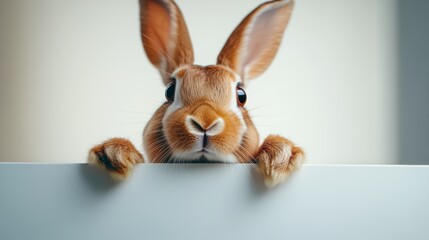 Rabbit is looking at the camera with its nose on a white board. The rabbit is curious and interested in the camera