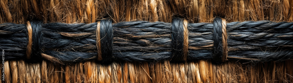Poster Intricate Straw Mat Woven with Black Strings Texture Close-Up for Artistic Background and Design Concept