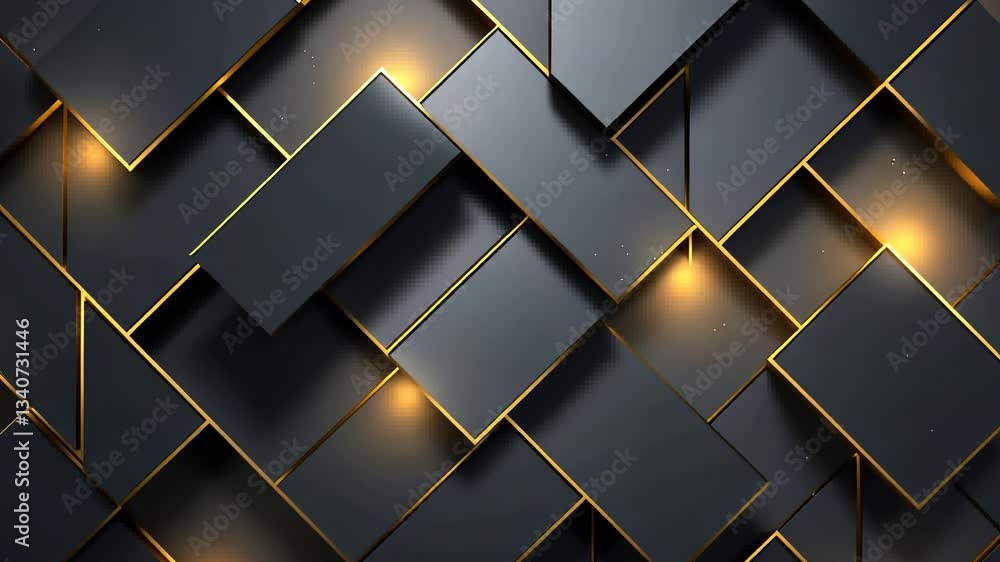 Poster abstract geometric pattern of overlapping dark gray and gold squares, lit with warm golden highlight