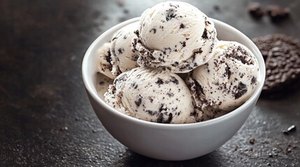 A bowl of creamy cookies and cream ice cream with rich toppings ideal for a sweet treat and copy space for text