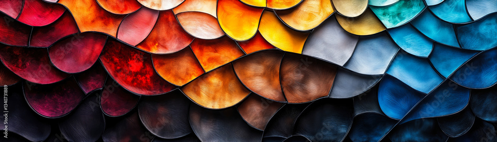 Poster colorful abstract stained glass pattern with vibrant overlapping layers resembling scales in gradien