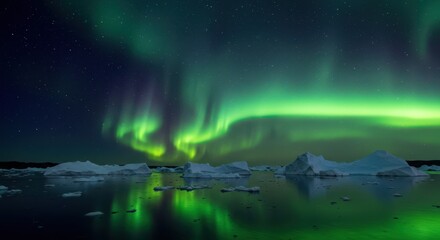 Northern Lights Illuminate Icebergs Reflected in Calm Water at Night