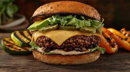 Meat Alternatives and Vegan BBQ concept. Delicious burger with cheese, lettuce, and grilled vegetables alongside