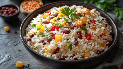 Flavorful bowl of cuban rice with black beans and fresh vegetables perfect for a healthy and wholesome meal