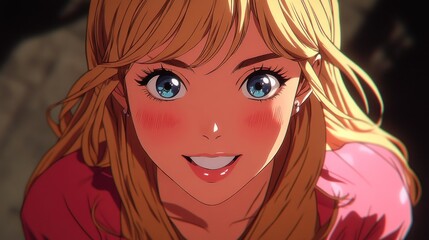 Obraz premium Anime Girl Close Up: Blonde Beauty with Rosy Cheeks