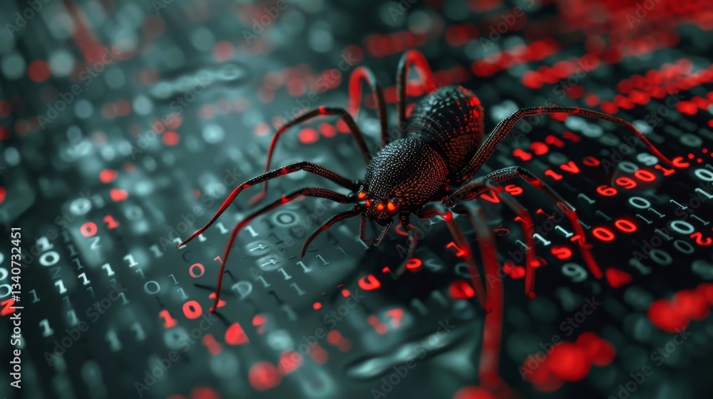 Poster cybersecurity threat illustrated by a digital spider crawling over binary code in a dark environment