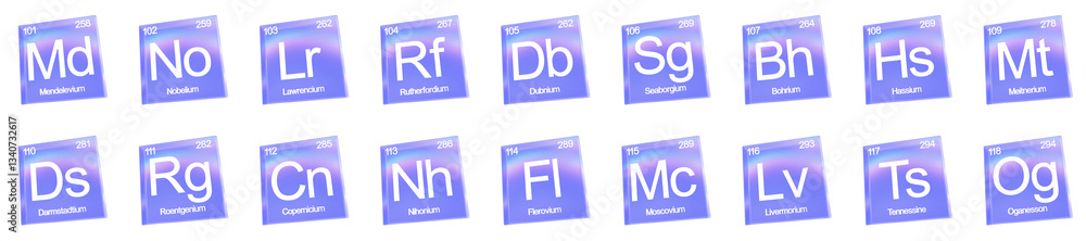 Poster set of 3d chemical elements from 101 to 118 shapes with aberration effect isolated on a transparent 