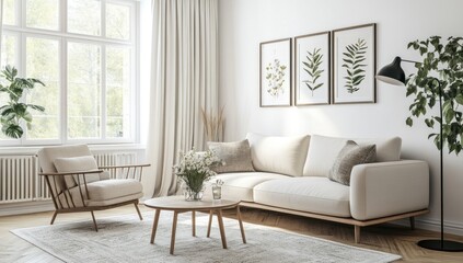 A bright and modern living room with natural elements