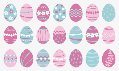 Set of Easter eggs. Patterns in pink, blue and white colors. Vector clipart design elements in flat hand drawn style.