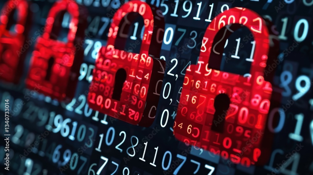 Poster visual representation of cybersecurity threats with digital locks over binary code data