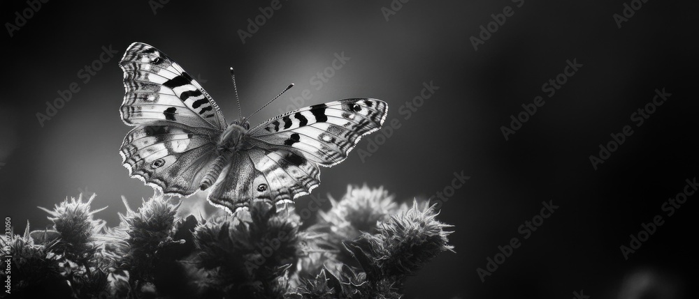 Poster a close-up view of a black and white butterfly on a plain background, ideal for use in editorial or 
