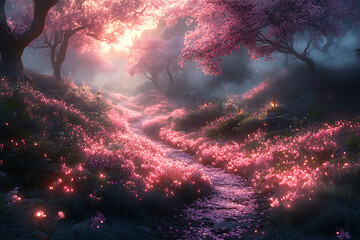 Fototapeta premium Winding Path Through a Forest with Pink Flowers and Sunlight