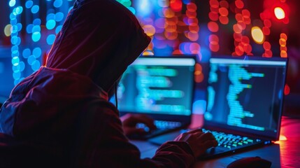 Focus on cybersecurity threats amid colorful background during evening hours