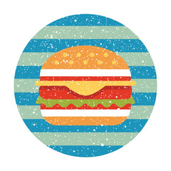 Colorful Vintage Style Burger Illustration on Striped Background. Vector  for greeting card, banner, poster, t-shirt