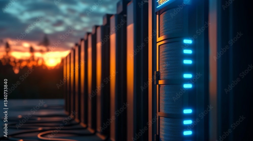 Poster row of servers with blue lights on them. the servers are lined up in a row and are illuminated by th