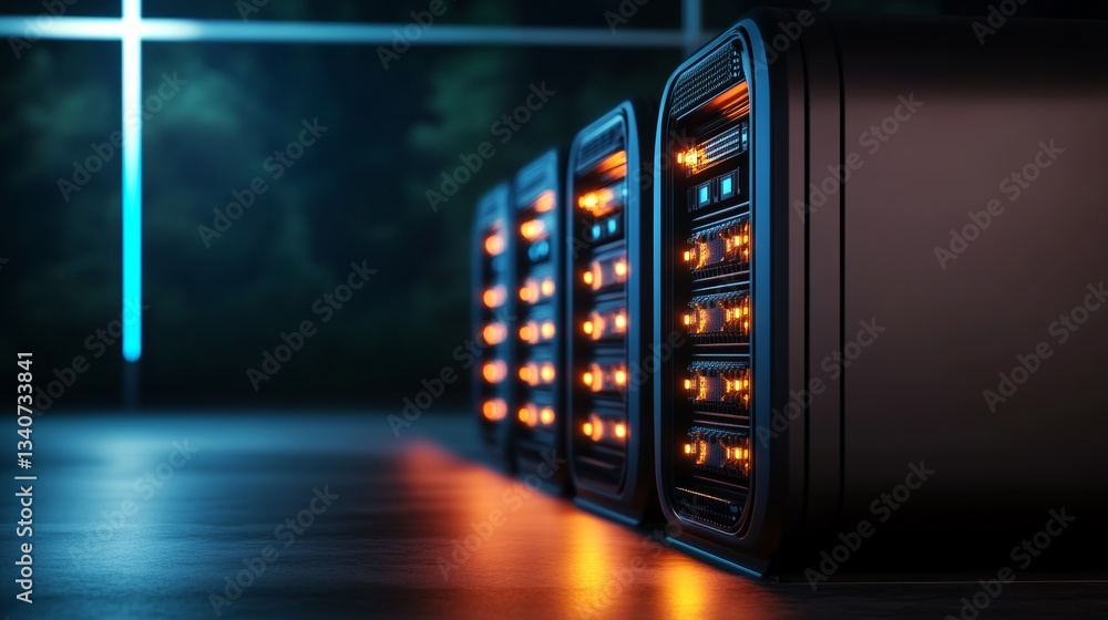 Poster three black computer servers with yellow lights are lined up on a table. the servers are illuminated