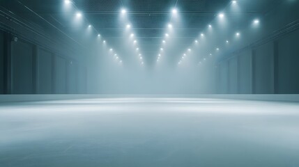 Bright lights illuminate a large empty ice skating rink