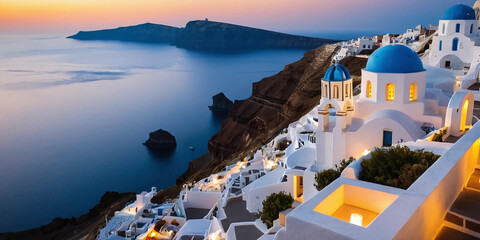 Un mirador en Santorini al atardecer, con casas blancas y cúpulas azules reflejando los últimos rayos dorados del sol. Velas parpadean en las mesas de una terraza con vista al mar Egeo