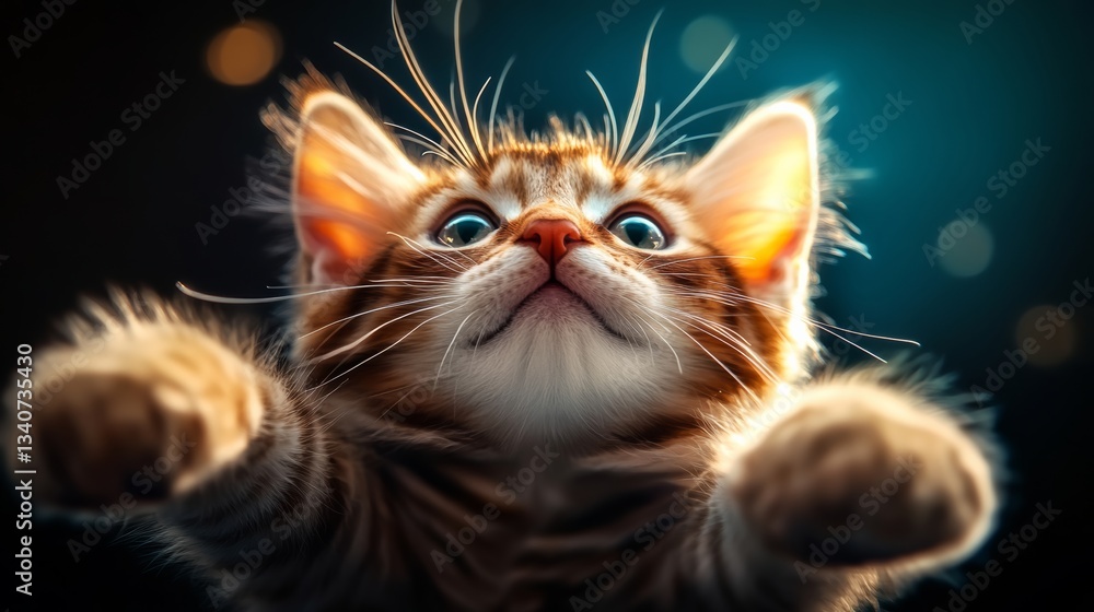 Poster kitten with its eyes wide open and its mouth open, looking up at the camera. the kitten appears to b